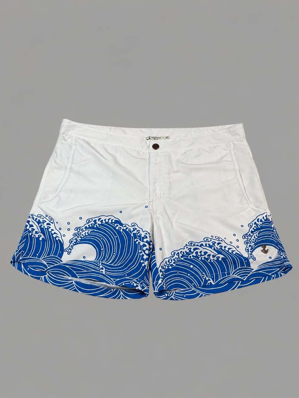 RetroMarine New York Great Wave Print Board Shorts with Anchor Detail
